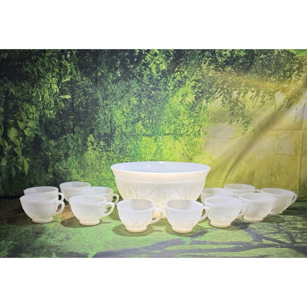 Vintage McKee Concord Milk Glass Punch Bowl Set 12 Cups Floral 13 Piece